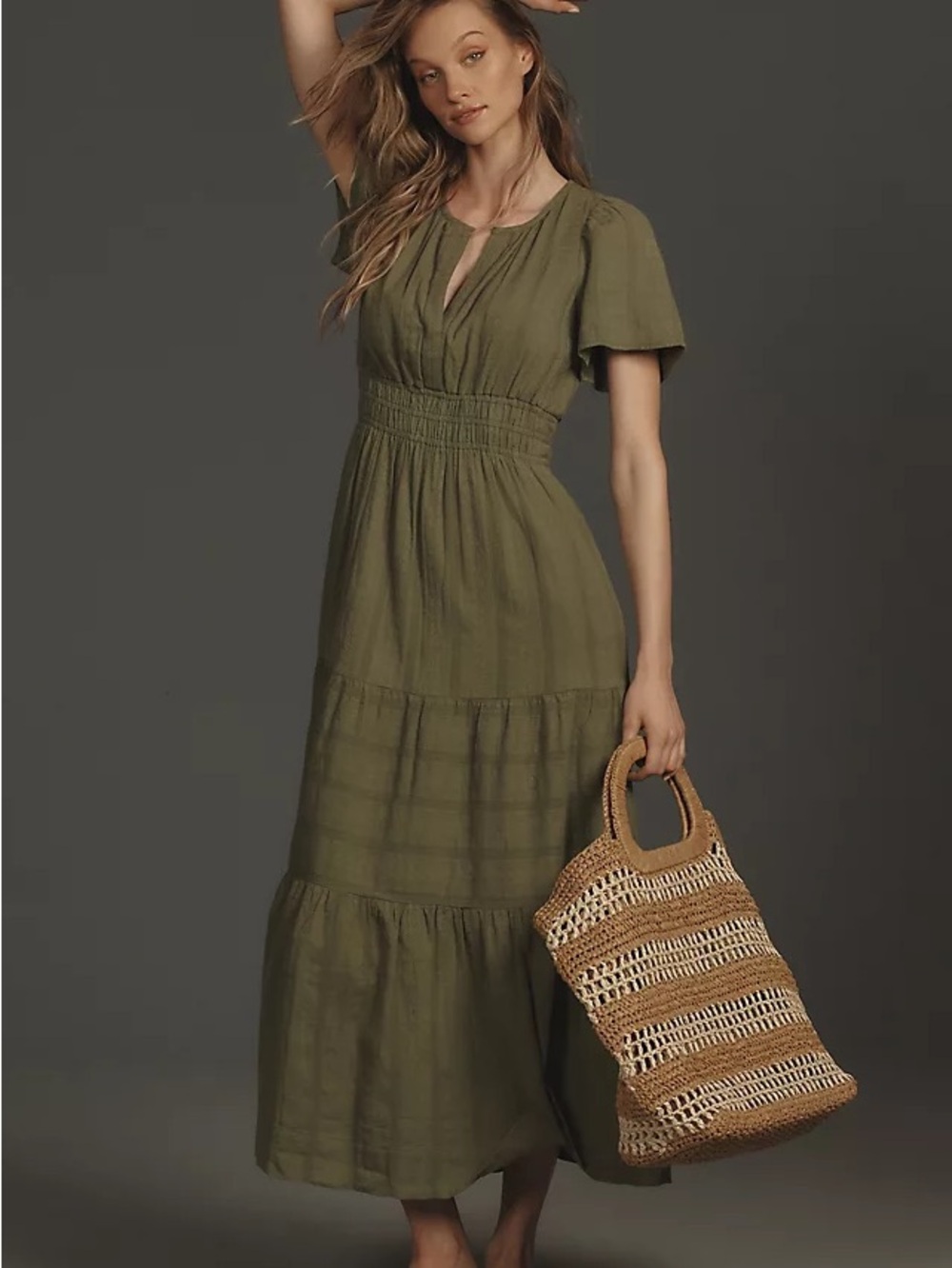 Anthropologie Somerset Maxi Dress Smocked Textured Cotton Olive Green Size Xs - Picture 7 of 15